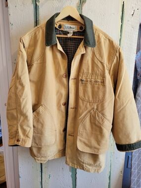 Vintage L.L. Bean Tan Canvas Field Chore Jacket Dark Green Cord Collar